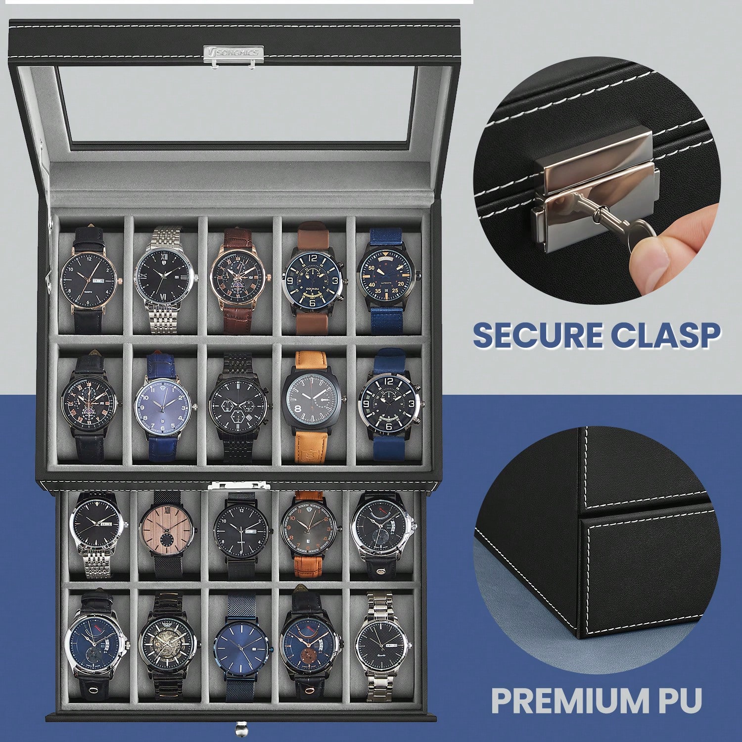صندوق ساعات بـ 20 فتحة مع غطاء - مراجعة Jewelry Watches Men وسعره
